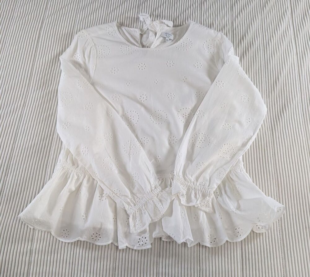Crown & Ivy Blouse Women's PL White Eyelet Ruffle Long Sleeve Pull On Top - Picture 4 of 9